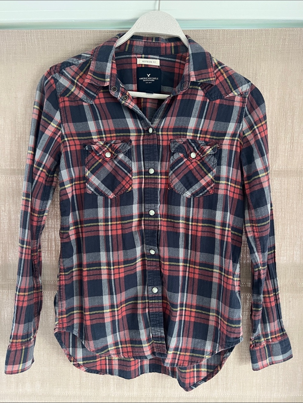 American Eagle Women’s Coral and Navy Plaid Button-Up Shirt